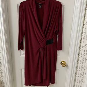Alfani Woman Size 1X faux wrap burgundy dress with leather embellishment